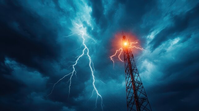 A dramatic scene of lightning striking an illuminated communication tower under an ominous sky, showcasing the power of nature and human technology in a vivid moment.