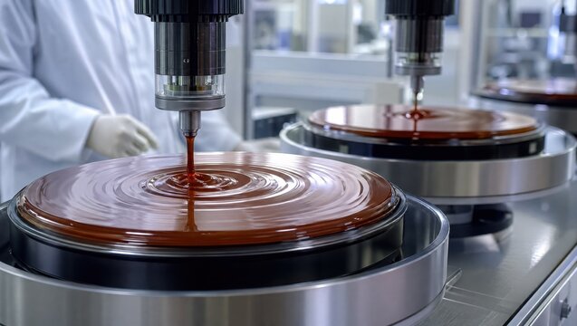 Medium shot of wafers coated with thick photoresist on spinning chucks highlighting viscous liquid application and uniform layer formation in cleanroom conditions.