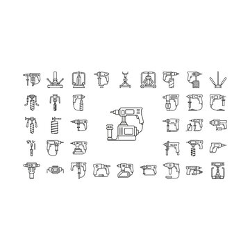 Professional power drill and construction tool icon set with construction