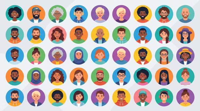 Diverse Group of People Avatar Icons in Circles.