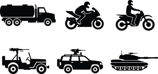Vehicle silhouettes collection, tanker truck, sport motorcycle, dirt bike, military jeep, armored SUV, tank icons – flat vector illustration © MD AMINUR