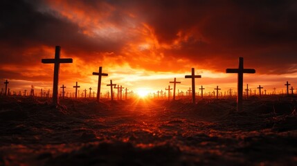 Obraz premium A hauntingly beautiful sunset over a graveyard filled with crosses, capturing the essence of remembrance and the serenity of a final resting place amid glowing hues.
