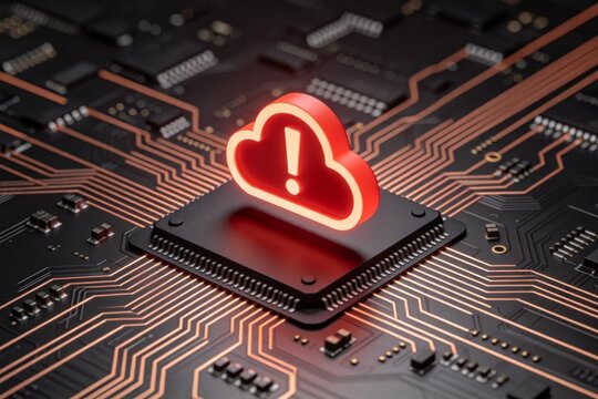 Warning cloud icon on computer chip