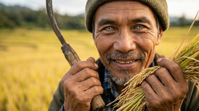 Elderly asian farmer smiling while holding sickle and harvested rice sheaf. Joyful rural harvest in golden paddy field. Traditional agriculture life and countryside farming success concept