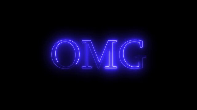 Neon blue omg text animation with vibrant glowing light effects flickering against dark background and electric pulsating energy beams creates dynamic motion graphics loop for social media content.