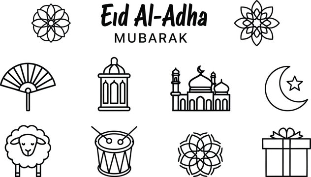Set of islamic outline line art icons including mosque sheep lantern and drum for eid celebration illustration