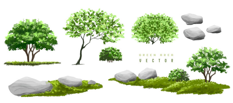 Vertor set of spring blossom tree,bloomimg plants side view for landscape elevation and section,eco environment concept design,watercolor illustration,colorful season