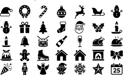 Obraz premium Large Set of Christmas and Winter Holiday Icons Featuring Santa Claus Reindeer Snowmen Ornaments Christmas Trees Decorations and Seasonal Celebration Elements for Graphic Design Projects
