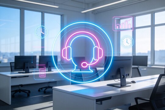 Modern office with neon headset icon