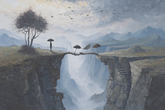 Surreal Landscape with Figures Crossing a Chasm on Umbrellas.