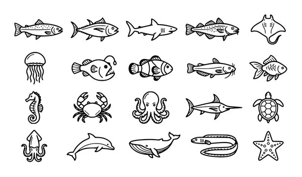Black and white fish outline icon set with marine aquatic animal vector graphics