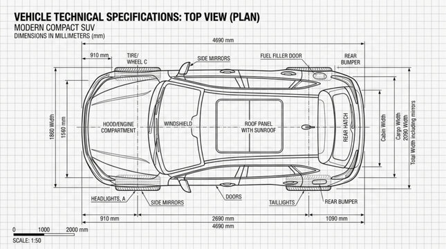 Vehicle Technical Specifications Top View Plan Blueprint.