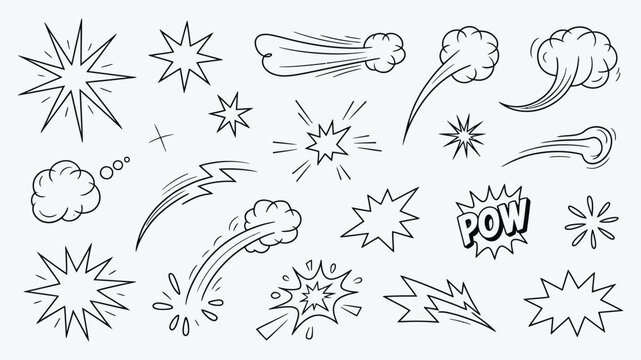 Hand drawn comic book style explosion bursts, motion lines, and action effects