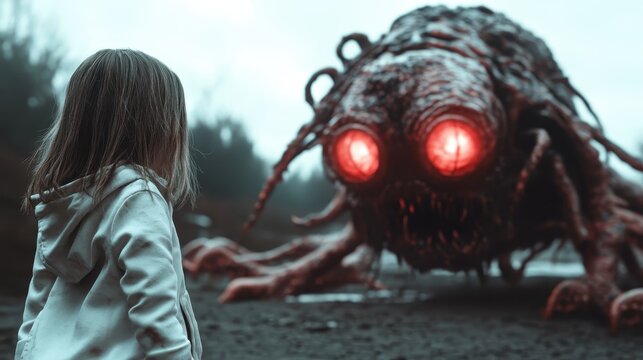 A young child stands fearlessly in front of a large, intimidating monster with glowing eyes, highlighting themes of courage and imagination in a surreal, foggy forest setting.