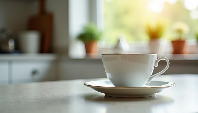 A cup and saucer are on the kitchen table.