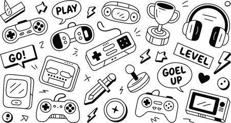 Naklejka premium Hand Drawn Video Game Doodles Set, Retro Gaming Controllers and Elements Vector Illustration