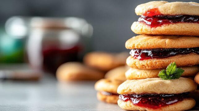 The image presents a tempting stack of freshly baked cookies filled with vibrant jam, topped with mint leaves, perfect for sweet treats lovers and dessert designs.