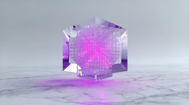 Futuristic glass tesseract hypercube with glowing purple energy strings representing 5D physics