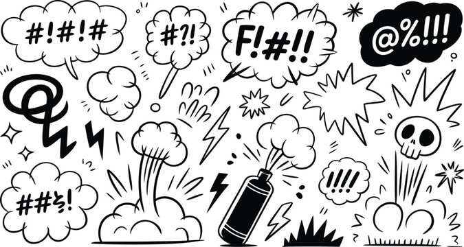 Hand Drawn Comic Book Swear Speech Bubbles and Explosion Elements