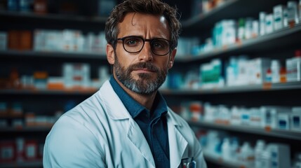 Obraz premium A focused pharmacist in a white coat stands in front of shelves stocked with various medications, embodying professionalism and dedication to providing care for patients.