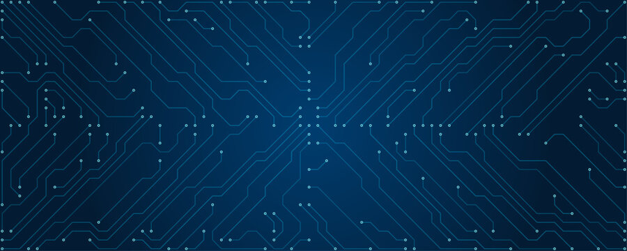 Abstract blue circuit board pattern with glowing nodes and intricate pathways on a dark gradient background for technology concepts
