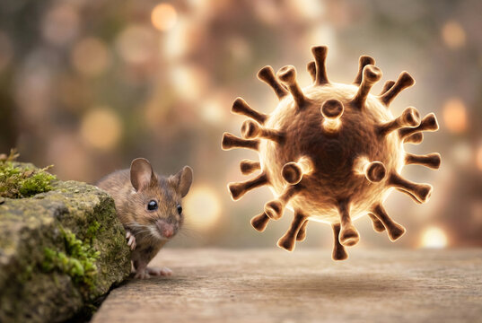 Field mouse looking at a large glowing virus particle concept