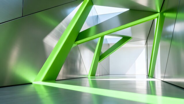 Abstract geometric interior with green beams