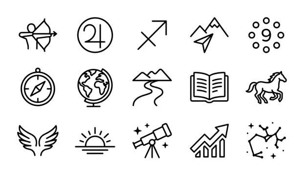 Celestial Navigation & Discovery Icons: Astrology, Astronomy, Travel, Mountains, Globe, Horse, Book