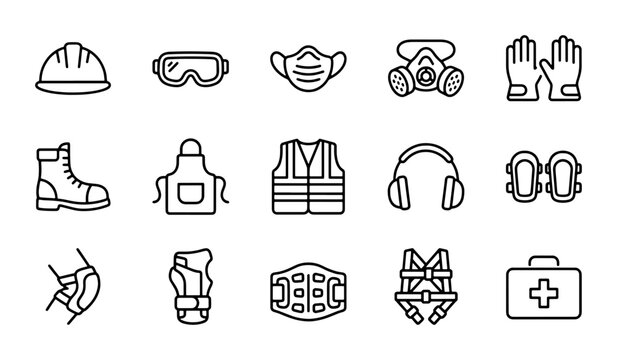 Safety Gear Icons: Hard Hat, Goggles, Masks, Gloves, Boots, Vest, Ear Protection, First Aid Kit