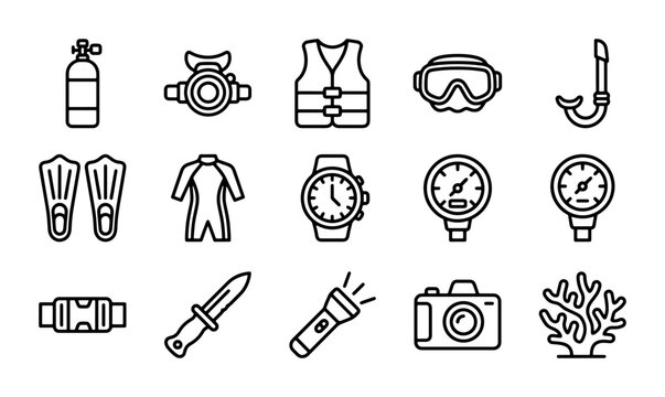 Scuba Diving Equipment Icons Set, Underwater Adventure Gear Collection, Vector Graphics
