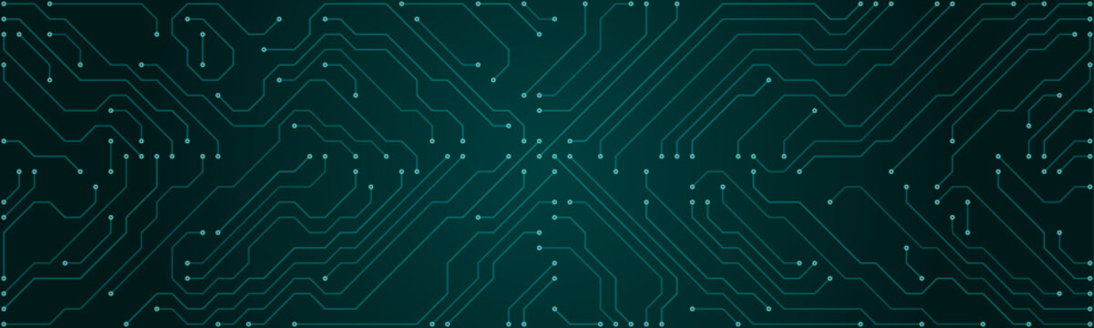 Abstract dark teal circuit board pattern with glowing nodes and intricate pathways on a dark gradient background for technology and digital concepts
