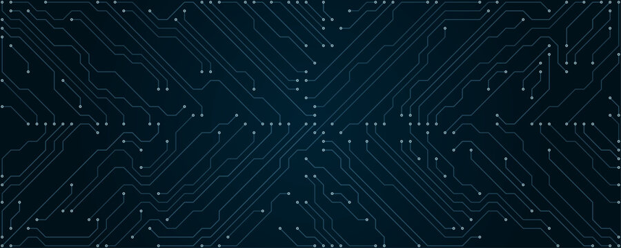 Abstract digital circuit board pattern with glowing blue lines and nodes on dark background for technology and data concepts
