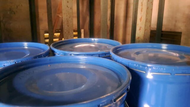a group of blue barrels sitting on top of each other