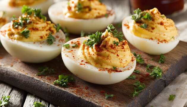 Deviled eggs with paprika, mustard and mayonnaise
