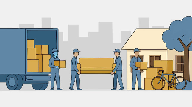 Moving company crew loading boxes and sofa from truck to new house