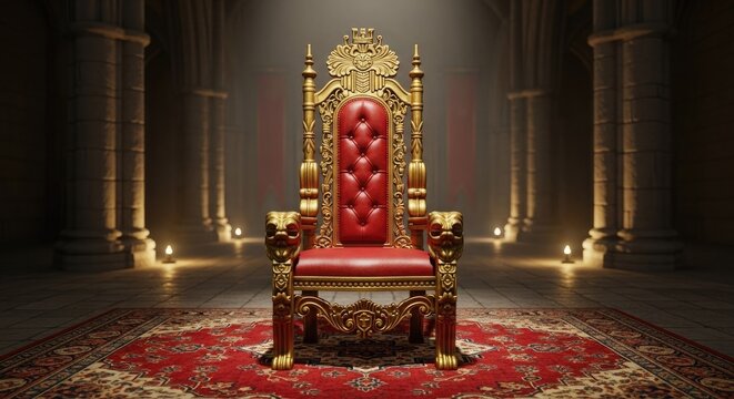 Luxury armchair.  Luxurious red and gold throne chair in regal setting