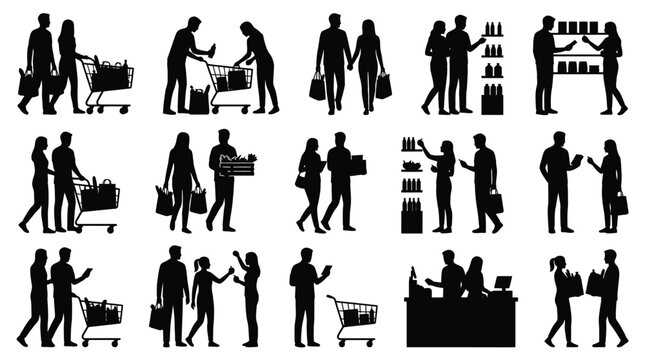 Shopping people silhouettes couples families grocery shopping supermarket cart buying products healthy food.