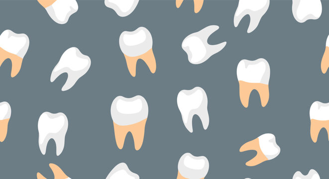 Seamless pattern of white human teeth with orange roots scattered across a dark grey background for dental health themes.
