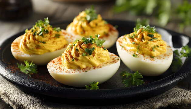 Deviled eggs with paprika, mustard and mayonnaise