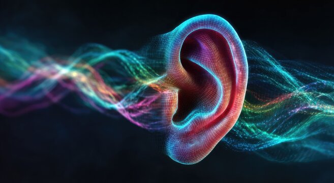Abstract digital representation of an ear receiving colorful sound waves