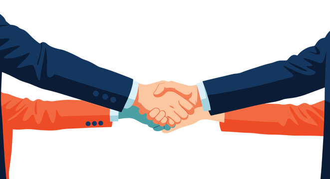 Conceptual illustration of four different hands meeting in the center for a complex and unified multi-way handshake.