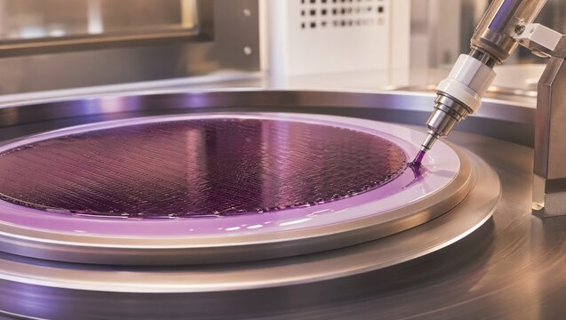 Medium shot focusing on edge bead removal process during spin coating showing meticulous liquid resist shaping for optimal wafer surface preparation.