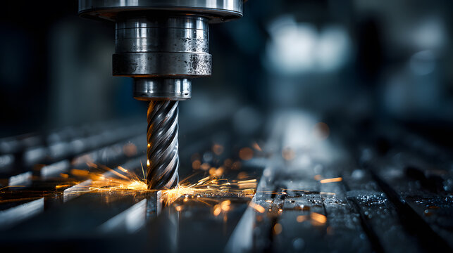 Industrial drilling tool cutting into metal with sparks close up