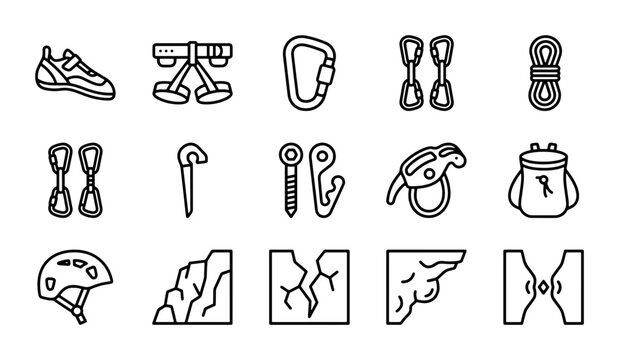 Climbing Gear Icons Set, Rock Climbing Equipment Vector Graphics, Outdoor Adventure Symbols