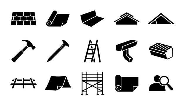 Roofing Construction Icons Set, Building Materials, Tools, and Safety Equipment Vector Graphics