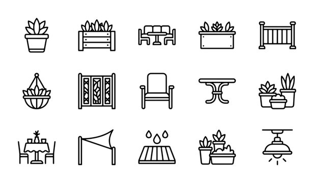 Outdoor Living Icons: Garden Furniture, Planters, Patio Decor, 15 Vector Elements