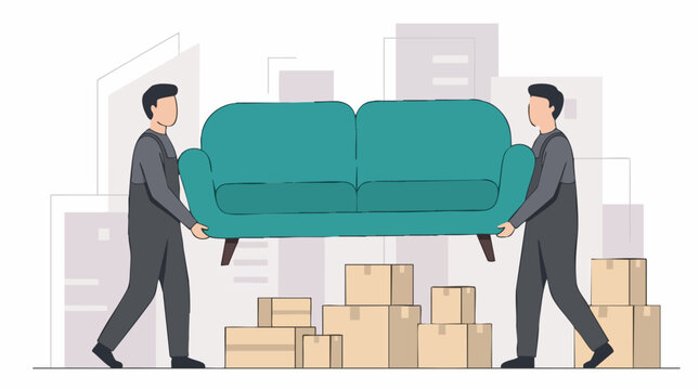 Professional movers carrying a sofa and cardboard boxes during home relocation