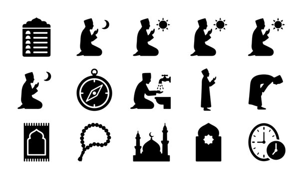 Islamic Prayer Icons Set, Muslim Worship Symbols, Ramadan & Eid Icons, Prayer Mat, Compass, Mosque