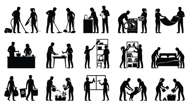 People doing household chores silhouettes cleaning cooking laundry and preparing bed isolated on white.