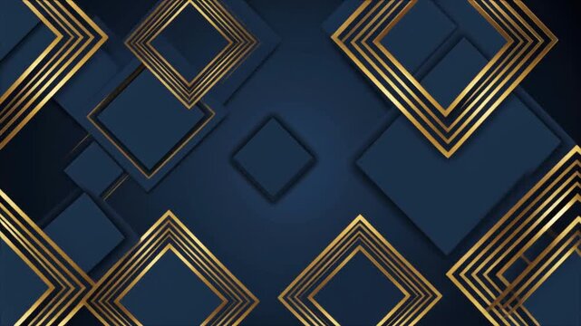 Luxury Motion Background with Golden Geometric Squares on Dark Blue
